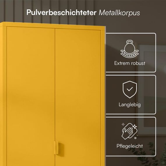 skølm Ituri Metallschrank Senfgelb – Kleiderschrank mit 6 Fächern & 2 Kleiderstangen – Garderobenschrank Flur 80 cm breit – Schlafzimmerschrank Industrial Style – Stahlschrank für Wohnzimmer & Büro
