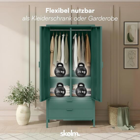 skølm Ituri Metallschrank Dunkelgrün – Kleiderschrank mit 6 Fächern, 2 Schubladen & 2 Kleiderstangen – Garderobenschrank Flur 80 cm breit – Schlafzimmerschrank Industrial – Stahlschrank Wohnzimmer
