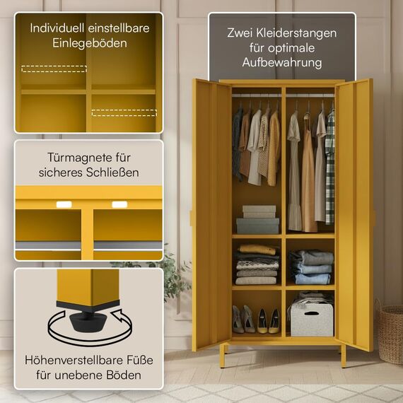 skølm Ituri Metallschrank Senfgelb – Kleiderschrank mit 6 Fächern & 2 Kleiderstangen – Garderobenschrank Flur 80 cm breit – Schlafzimmerschrank Industrial Style – Stahlschrank für Wohnzimmer & Büro