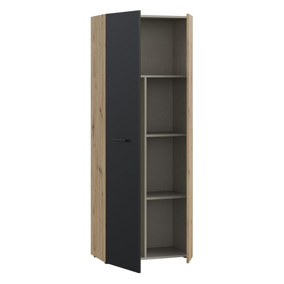 Forte NET106 Schrank 70 180, Mehrzweckschrank, Staubsaugerschrank, Abstellraum, Drehtürenschrank, 2-türig mit Einlegeböden, Schwarz/Holzdekor Artisaneiche, 68,7 cm breit x 181,1 cm hoch x 36,5 cm tief