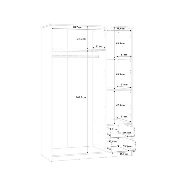 FORTE NIKO Schrank 120 130, Kleiderschrank, Drehtürenschrank Skandinavisch, 3-türig mit 2 Schubladen, Einlegeböden und Kleiderstange, Sonoma Eiche, 123 cm breit x 185 cm hoch x 53 cm tief