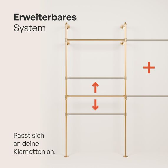 pamo Kleiderstange Wandmontage 120 kg Traglast - Offener Kleiderschrank oder Kleiderständer industrial gold aus Metall Wasserrohren