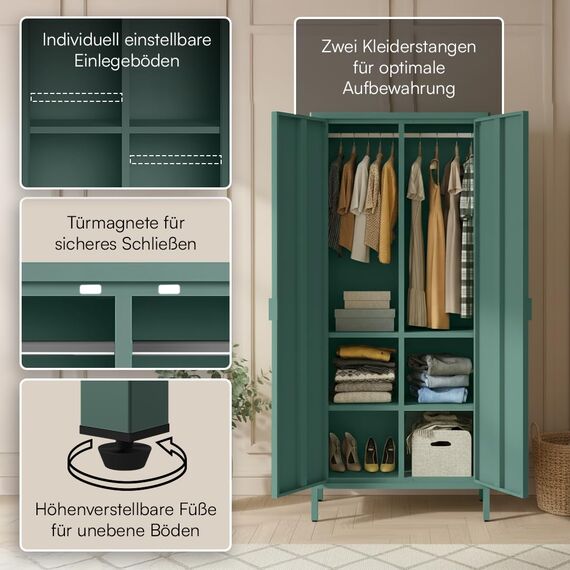 skølm Ituri Metallschrank Dunkelgrün – Kleiderschrank mit 6 Fächern & 2 Kleiderstangen – Garderobenschrank Flur 80 cm breit – Schlafzimmerschrank Industrial Style – Stahlschrank für Wohnzimmer & Büro