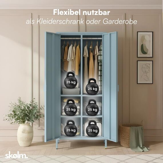 skølm Ituri Metallschrank Blau – Kleiderschrank mit 6 Fächern & 2 Kleiderstangen – Garderobenschrank Flur 80 cm breit – Schlafzimmerschrank Industrial Style – Stahlschrank für Wohnzimmer & Büro