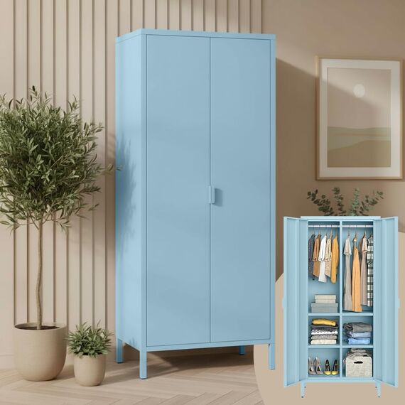 skølm Ituri Metallschrank Blau – Kleiderschrank mit 6 Fächern & 2 Kleiderstangen – Garderobenschrank Flur 80 cm breit – Schlafzimmerschrank Industrial Style – Stahlschrank für Wohnzimmer & Büro