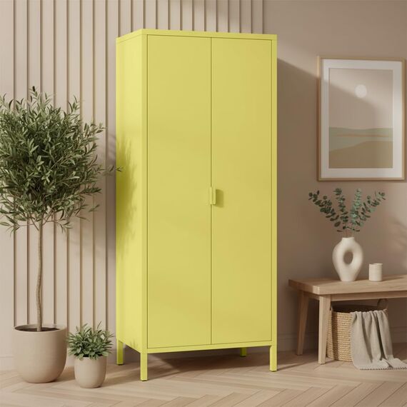 skølm Ituri Metallschrank Gelb – Kleiderschrank mit 6 Fächern & 2 Kleiderstangen – Garderobenschrank Flur 80 cm breit – Schlafzimmerschrank Industrial Style – Stahlschrank für Wohnzimmer & Büro