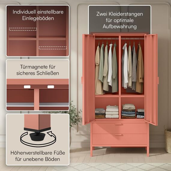 skølm Ituri Metallschrank Terrakotta – Kleiderschrank mit 6 Fächern, 2 Schubladen & 2 Kleiderstangen – Garderobenschrank Flur 80 cm breit – Schlafzimmerschrank Industrial – Stahlschrank Wohnzimmer