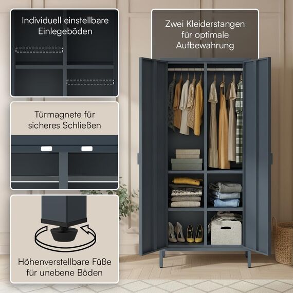 skølm Ituri Metallschrank Anthrazit – Kleiderschrank mit 6 Fächern & 2 Kleiderstangen – Garderobenschrank Flur 80 cm breit – Schlafzimmerschrank Industrial Style – Stahlschrank für Wohnzimmer & Büro