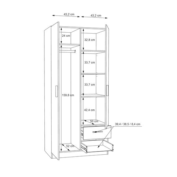 FORTE JOAKIM Schrank 90 200, Kleiderschrank klein, modernes Design Drehtürenschrank mit 2 Schubladen, Einlegeböden und Kleiderstange, Sonoma Eiche, 91 cm breit x 197 cm hoch x 54 cm tief