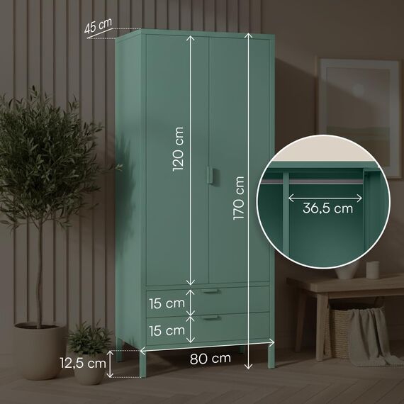 skølm Ituri Metallschrank Dunkelgrün – Kleiderschrank mit 6 Fächern, 2 Schubladen & 2 Kleiderstangen – Garderobenschrank Flur 80 cm breit – Schlafzimmerschrank Industrial – Stahlschrank Wohnzimmer