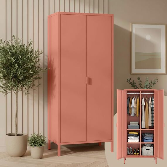 skølm Ituri Metallschrank Terrakotta – Kleiderschrank mit 6 Fächern & 2 Kleiderstangen – Garderobenschrank Flur 80 cm breit – Schlafzimmerschrank Industrial Style – Stahlschrank für Wohnzimmer & Büro
