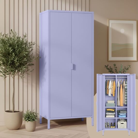 skølm Ituri Metallschrank Lila – Kleiderschrank mit 6 Fächern & 2 Kleiderstangen – Garderobenschrank Flur 80 cm breit – Schlafzimmerschrank Industrial Style – Stahlschrank für Wohnzimmer & Büro
