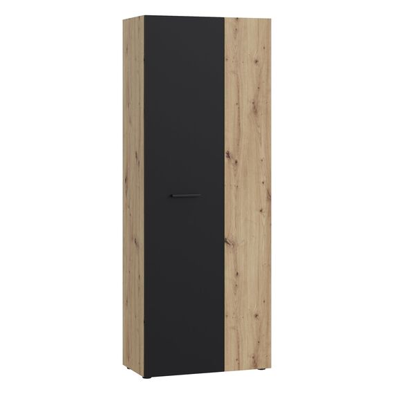 Forte NET106 Schrank 70 180, Mehrzweckschrank, Staubsaugerschrank, Abstellraum, Drehtürenschrank, 2-türig mit Einlegeböden, Schwarz/Holzdekor Artisaneiche, 68,7 cm breit x 181,1 cm hoch x 36,5 cm tief
