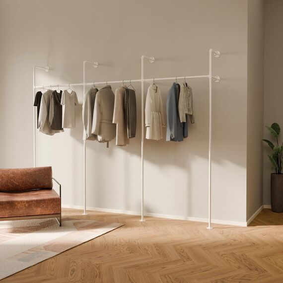 pamo Kleiderstange Wandmontage 300 kg Traglast - Offener Kleiderschrank Industrial Kleiderständer Weiß aus Metall Wasserrohren - stabil & robust