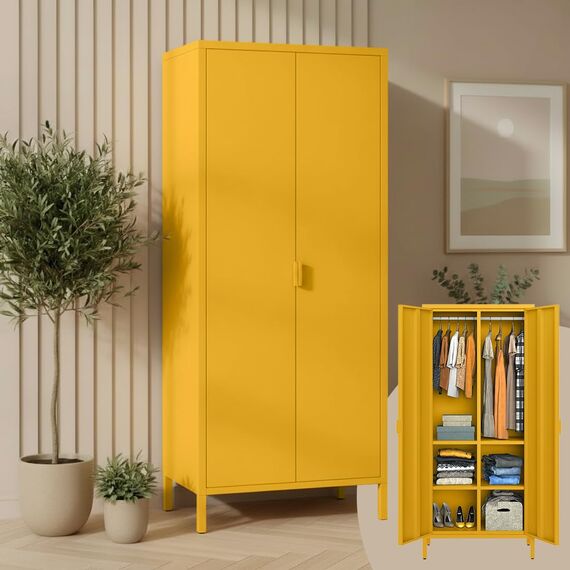 skølm Ituri Metallschrank Senfgelb – Kleiderschrank mit 6 Fächern & 2 Kleiderstangen – Garderobenschrank Flur 80 cm breit – Schlafzimmerschrank Industrial Style – Stahlschrank für Wohnzimmer & Büro