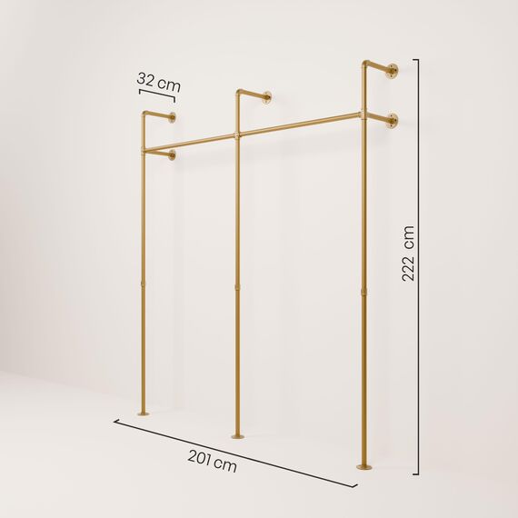 pamo Kleiderstange Wandmontage 200 kg Traglast - Offener Kleiderschrank oder Kleiderständer industrial gold aus Metall Wasserrohren