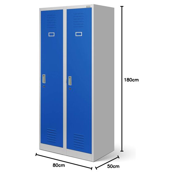 Jan Nowak Spind Schrank, Metallschrank, Kleiderschrank, Schließfachschrank | 2 Abteile mit Kleiderstange, Trennwände, Lüftungsschlitze, 4 Kleiderhaken pro Abteil | 180 cm x 80 cm x 50 cm, Grau-Blau