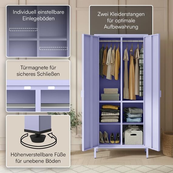 skølm Ituri Metallschrank Lila – Kleiderschrank mit 6 Fächern & 2 Kleiderstangen – Garderobenschrank Flur 80 cm breit – Schlafzimmerschrank Industrial Style – Stahlschrank für Wohnzimmer & Büro