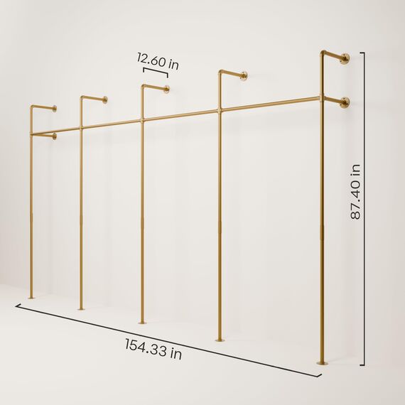 pamo Kleiderstange Wandmontage 392 x 222 cm - Begehbarer Kleiderschrank offen Kleiderständer industrial gold aus Metall Wasserrohren - 440 kg Traglast