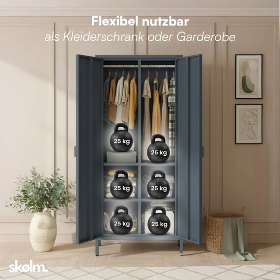 skølm Ituri Metallschrank Anthrazit – Kleiderschrank mit 6 Fächern & 2 Kleiderstangen – Garderobenschrank Flur 80 cm breit – Schlafzimmerschrank Industrial Style – Stahlschrank für Wohnzimmer & Büro