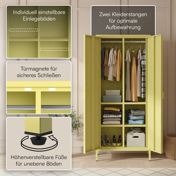 skølm Ituri Metallschrank Gelb – Kleiderschrank mit 6 Fächern & 2 Kleiderstangen – Garderobenschrank Flur 80 cm breit – Schlafzimmerschrank Industrial Style – Stahlschrank für Wohnzimmer & Büro