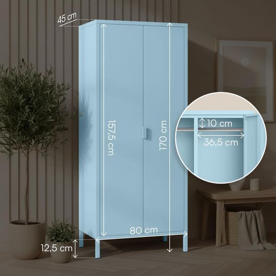 skølm Ituri Metallschrank Blau – Kleiderschrank mit 6 Fächern & 2 Kleiderstangen – Garderobenschrank Flur 80 cm breit – Schlafzimmerschrank Industrial Style – Stahlschrank für Wohnzimmer & Büro