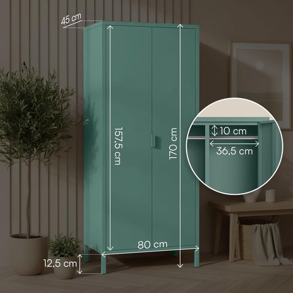 skølm Ituri Metallschrank Dunkelgrün – Kleiderschrank mit 6 Fächern & 2 Kleiderstangen – Garderobenschrank Flur 80 cm breit – Schlafzimmerschrank Industrial Style – Stahlschrank für Wohnzimmer & Büro
