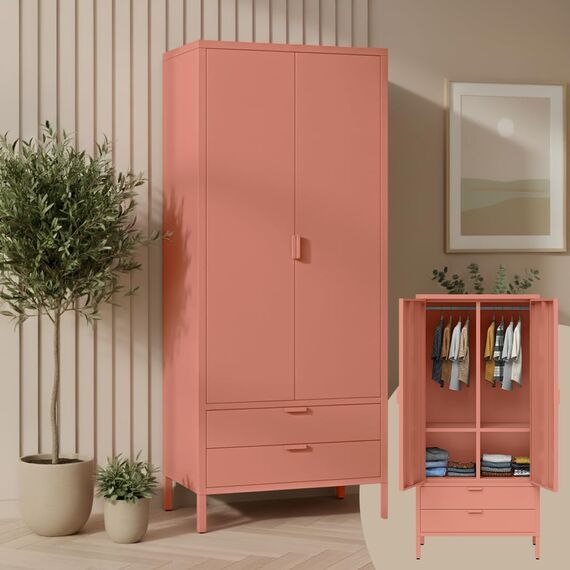 skølm Ituri Metallschrank Terrakotta – Kleiderschrank mit 6 Fächern, 2 Schubladen & 2 Kleiderstangen – Garderobenschrank Flur 80 cm breit – Schlafzimmerschrank Industrial – Stahlschrank Wohnzimmer