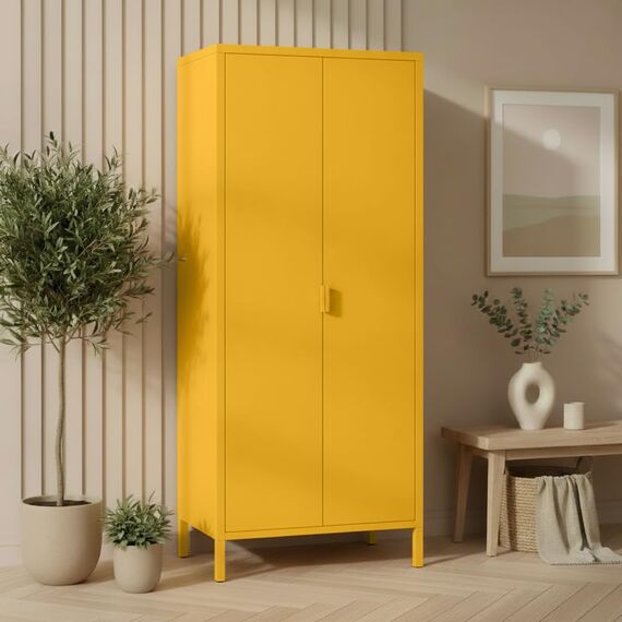 skølm Ituri Metallschrank Senfgelb – Kleiderschrank mit 6 Fächern & 2 Kleiderstangen – Garderobenschrank Flur 80 cm breit – Schlafzimmerschrank Industrial Style – Stahlschrank für Wohnzimmer & Büro