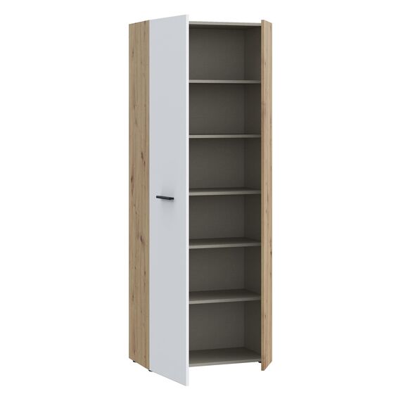 FORTE NET106 Schrank 70, Schuhschrank, Garderobenschrank, Abstellraum, Drehtürenschrank, 2-türig mit Einlegeböden, Weiß mit Holzdekor: Artisan Eiche, 69 cm breit x 179 cm hoch x 35 cm tief