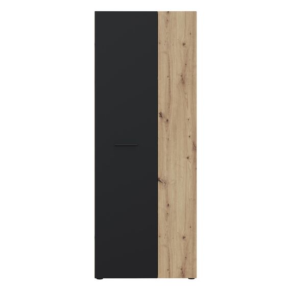 Forte NET106 Schrank 70 180, Mehrzweckschrank, Staubsaugerschrank, Abstellraum, Drehtürenschrank, 2-türig mit Einlegeböden, Schwarz/Holzdekor Artisaneiche, 68,7 cm breit x 181,1 cm hoch x 36,5 cm tief