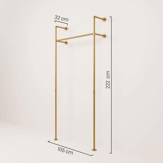 pamo Kleiderstange Wandmontage 120 kg Traglast - Offener Kleiderschrank oder Kleiderständer industrial gold aus Metall Wasserrohren