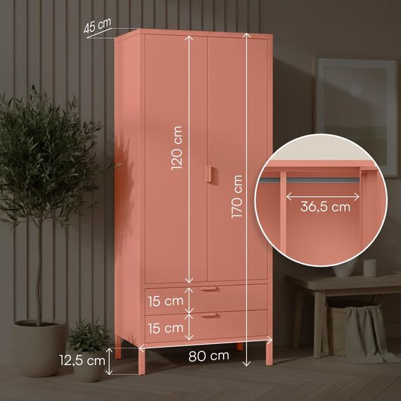 skølm Ituri Metallschrank Terrakotta – Kleiderschrank mit 6 Fächern, 2 Schubladen & 2 Kleiderstangen – Garderobenschrank Flur 80 cm breit – Schlafzimmerschrank Industrial – Stahlschrank Wohnzimmer