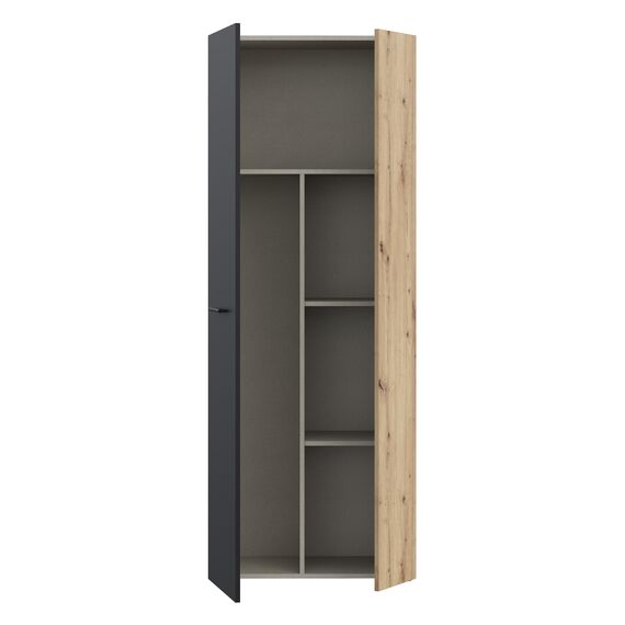 Forte NET106 Schrank 70 180, Mehrzweckschrank, Staubsaugerschrank, Abstellraum, Drehtürenschrank, 2-türig mit Einlegeböden, Schwarz/Holzdekor Artisaneiche, 68,7 cm breit x 181,1 cm hoch x 36,5 cm tief