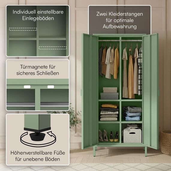 skølm Ituri Metallschrank Mintgrün – Kleiderschrank mit 6 Fächern & 2 Kleiderstangen – Garderobenschrank Flur 80 cm breit – Schlafzimmerschrank Industrial Style – Stahlschrank für Wohnzimmer & Büro