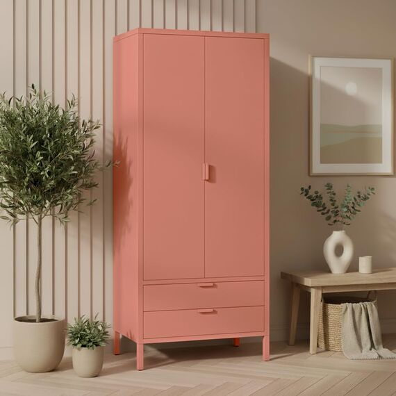 skølm Ituri Metallschrank Terrakotta – Kleiderschrank mit 6 Fächern, 2 Schubladen & 2 Kleiderstangen – Garderobenschrank Flur 80 cm breit – Schlafzimmerschrank Industrial – Stahlschrank Wohnzimmer