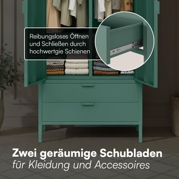 skølm Ituri Metallschrank Dunkelgrün – Kleiderschrank mit 6 Fächern, 2 Schubladen & 2 Kleiderstangen – Garderobenschrank Flur 80 cm breit – Schlafzimmerschrank Industrial – Stahlschrank Wohnzimmer