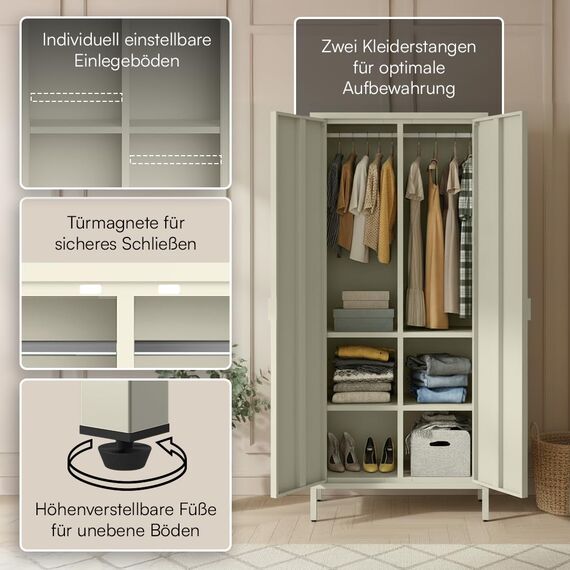 skølm Ituri Metallschrank Beige – Kleiderschrank mit 6 Fächern & 2 Kleiderstangen – Garderobenschrank Flur 80 cm breit – Schlafzimmerschrank Industrial Style – Stahlschrank für Wohnzimmer & Büro