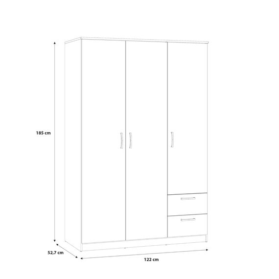 FORTE NIKO Schrank 120 130, Kleiderschrank, Drehtürenschrank Skandinavisch, 3-türig mit 2 Schubladen, Einlegeböden und Kleiderstange, Sonoma Eiche, 123 cm breit x 185 cm hoch x 53 cm tief