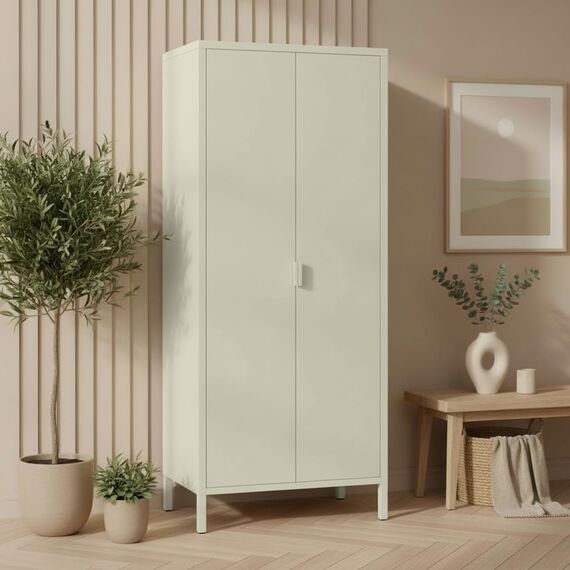 skølm Ituri Metallschrank Beige – Kleiderschrank mit 6 Fächern & 2 Kleiderstangen – Garderobenschrank Flur 80 cm breit – Schlafzimmerschrank Industrial Style – Stahlschrank für Wohnzimmer & Büro