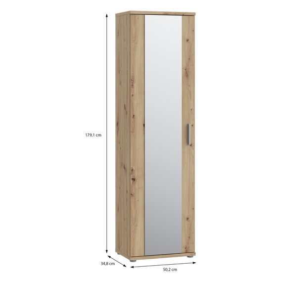 Forte NET106 Schuhschrank 50, schmaler Flurschrank mit 6 Einlegeböden und Spiegelfront, Flur, Diele, Holzwerkstoff, Artisan Eiche Holzdekor, 50,2 cm breit x 179,1 cm hoch x 34,8 cm tief