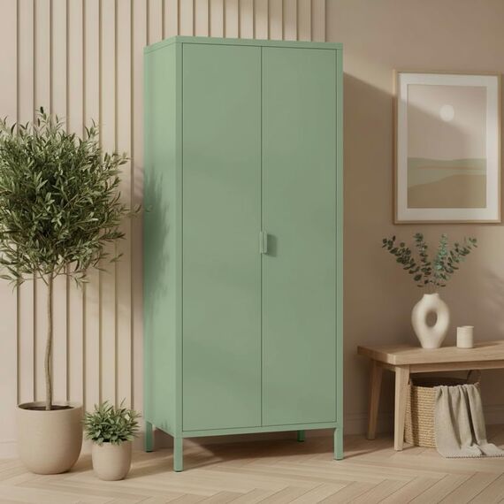 skølm Ituri Metallschrank Mintgrün – Kleiderschrank mit 6 Fächern & 2 Kleiderstangen – Garderobenschrank Flur 80 cm breit – Schlafzimmerschrank Industrial Style – Stahlschrank für Wohnzimmer & Büro