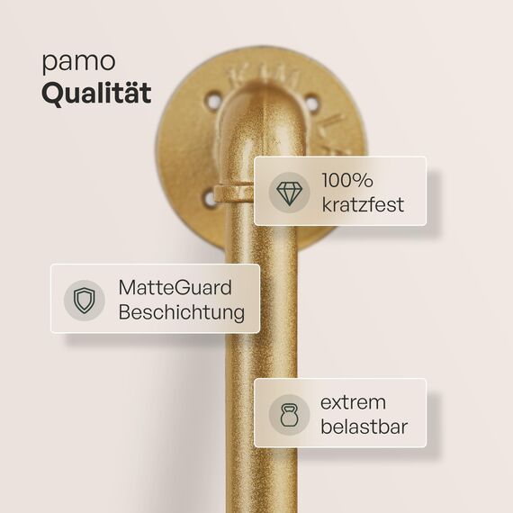 pamo Kleiderstange Wandmontage 200 kg Traglast - Offener Kleiderschrank oder Kleiderständer industrial gold aus Metall Wasserrohren
