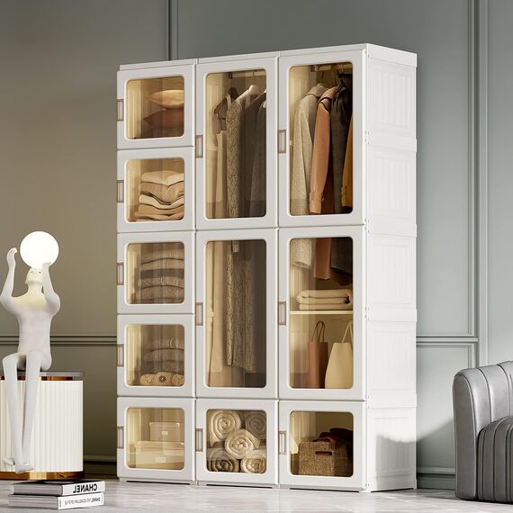 Dripex Kleiderschrank, Schrank 104 x 170 x 50 cm (B x H x T), einfache Montage, Faltbarer Mehrzweckschrank mit Stange, magnetische Türen, für Schlafzimmer Wohnzimmer Weiß