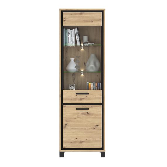 FORTE Trondheim Vitrine mit 2 Türen, Holzwerkstoff, Artisan Eiche kombiniert mit Schwarz Eiche, 64,4 x 209 x 41,5 cm