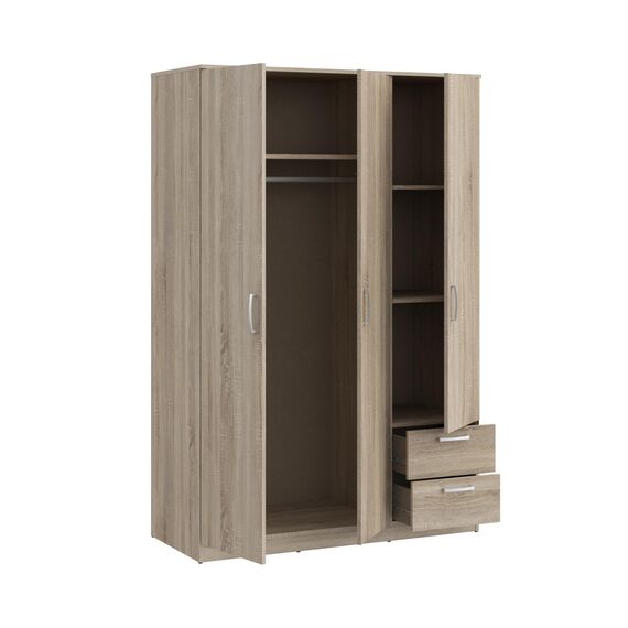 FORTE NIKO Schrank 120 130, Kleiderschrank, Drehtürenschrank Skandinavisch, 3-türig mit 2 Schubladen, Einlegeböden und Kleiderstange, Sonoma Eiche, 123 cm breit x 185 cm hoch x 53 cm tief