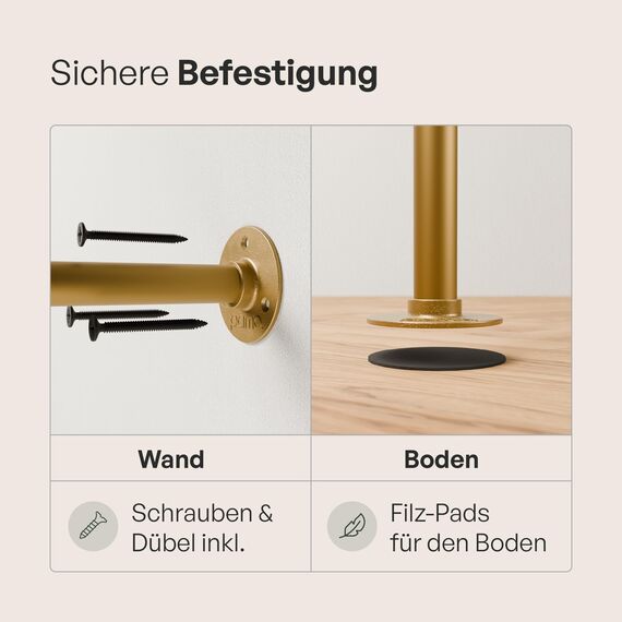 pamo Kleiderstange Wandmontage 120 kg Traglast - Offener Kleiderschrank oder Kleiderständer industrial gold aus Metall Wasserrohren