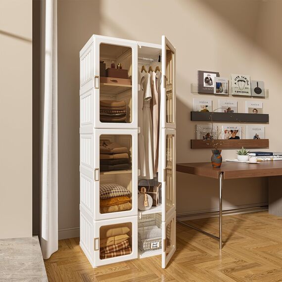 Dripex Kleiderschrank, Schrank 69 x 170 x 50 cm (B x H x T), einfache Montage, Faltbarer Mehrzweckschrank mit Stange, magnetische Türen, für Wohnzimmer Schlafzimmer Weiß