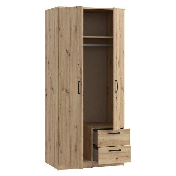 FORTE NIKO Kleiderschrank 82, Scandi Kleiderschrank mit 2 Türen und 2 Schubladen, Holzwerkstoff, Artisan Eiche Dekor, 81,9 cm breit, 185 cm hoch, 52,7 cm tief