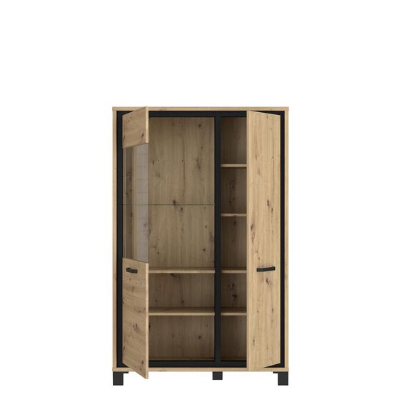 FORTE Trondheim Highboardvitrine mit 1 Tür und 1 Glastür, Holzwerkstoff, Artisan Eiche kombiniert mit Schwarz Eiche, 101,4 x 161 x 41,5 cm